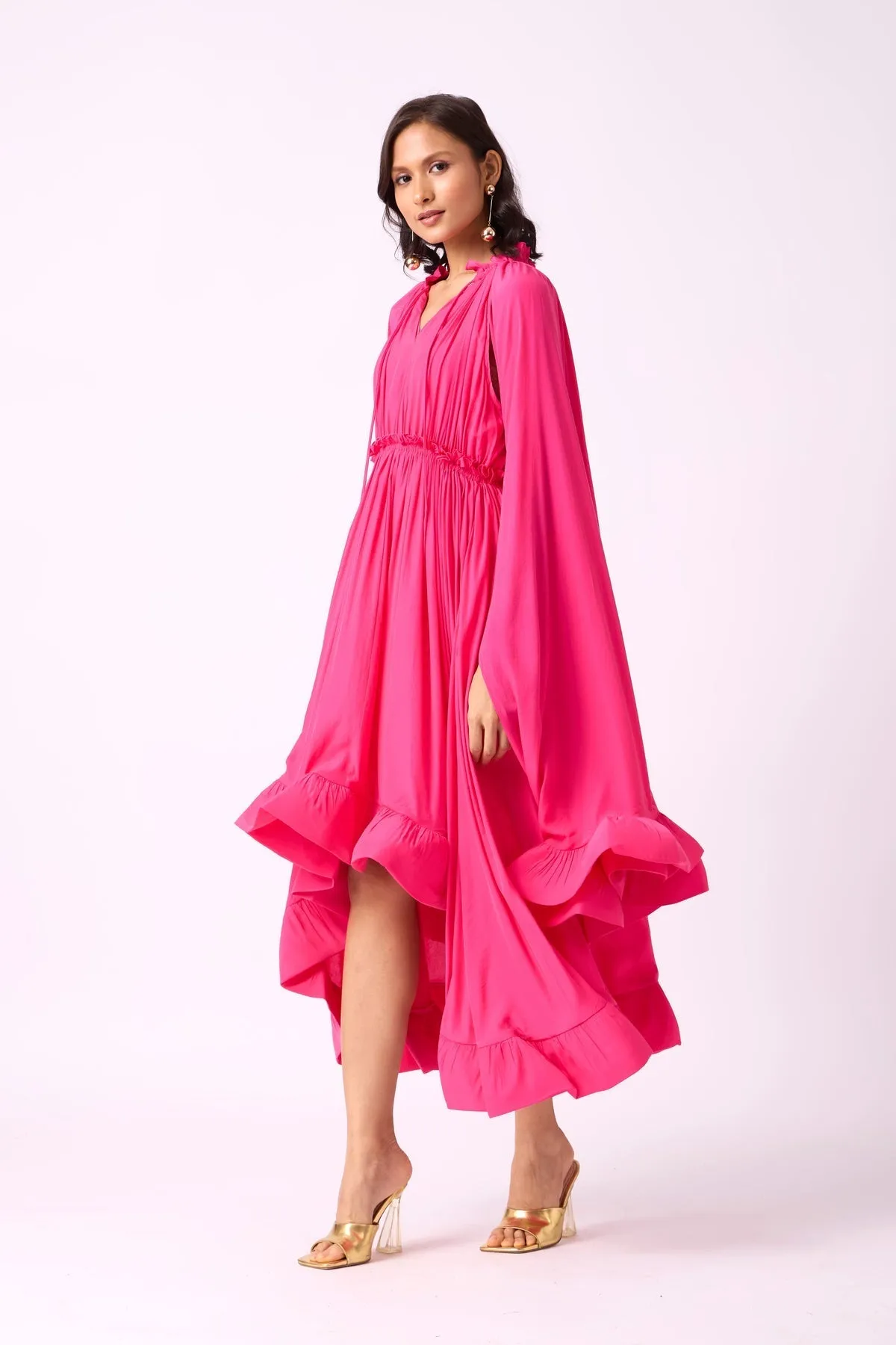 RUFFLE TRIM MAXI DRESS IN ROSE RED Gloria Lanvin