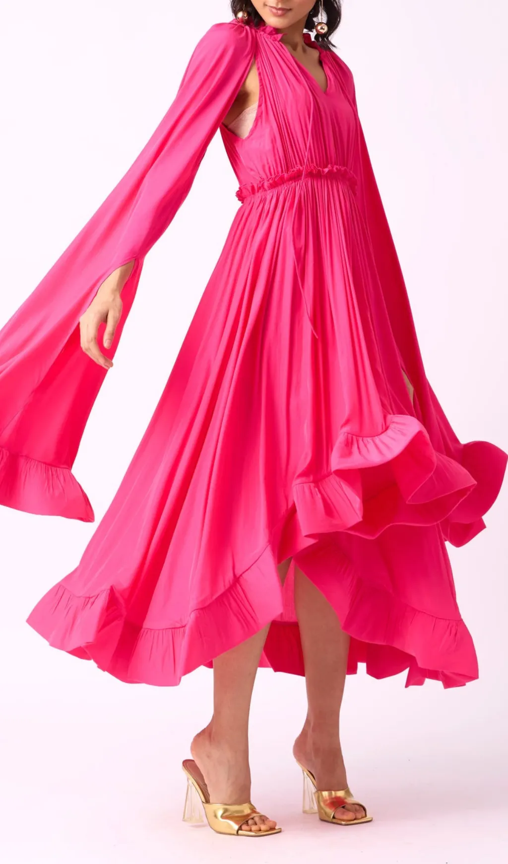 RUFFLE TRIM MAXI DRESS IN ROSE RED Gloria Lanvin