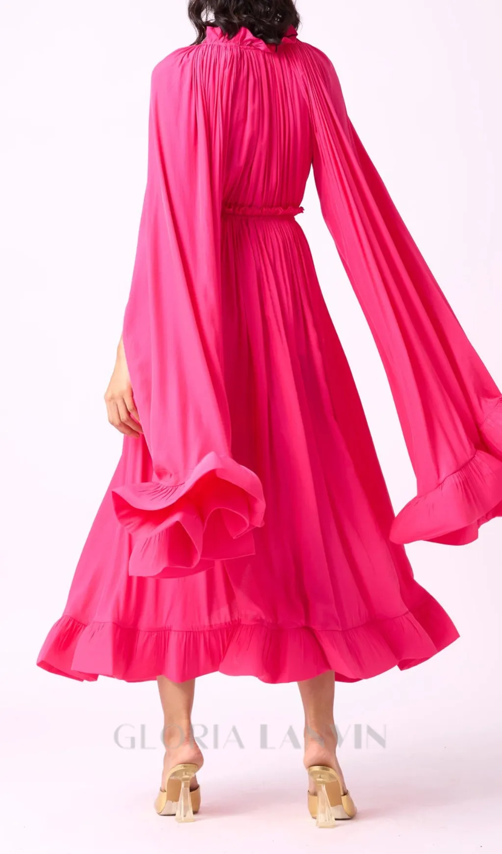 RUFFLE TRIM MAXI DRESS IN ROSE RED Gloria Lanvin
