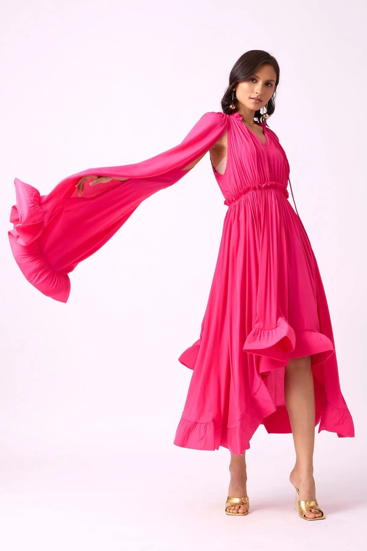 RUFFLE TRIM MAXI DRESS IN ROSE RED Gloria Lanvin