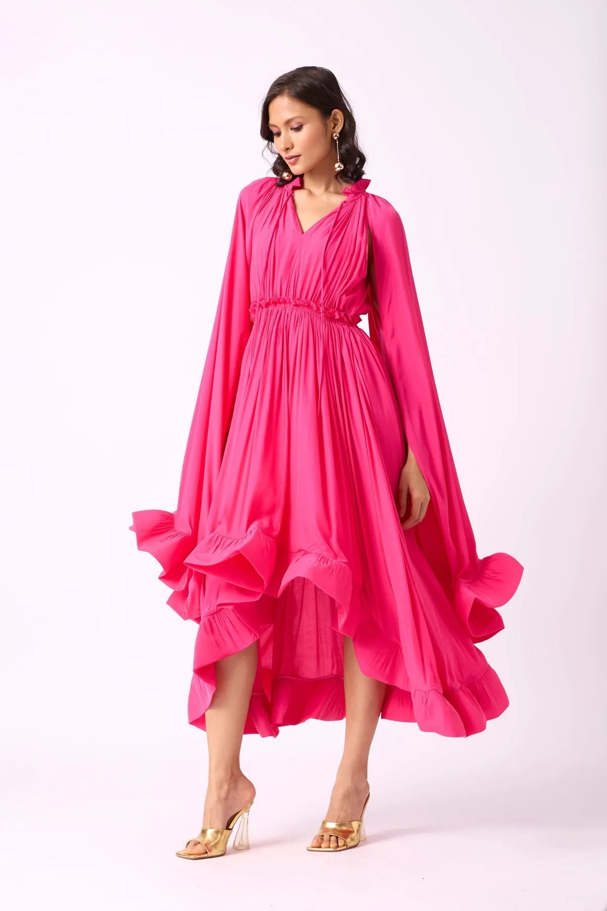 RUFFLE TRIM MAXI DRESS IN ROSE RED Gloria Lanvin