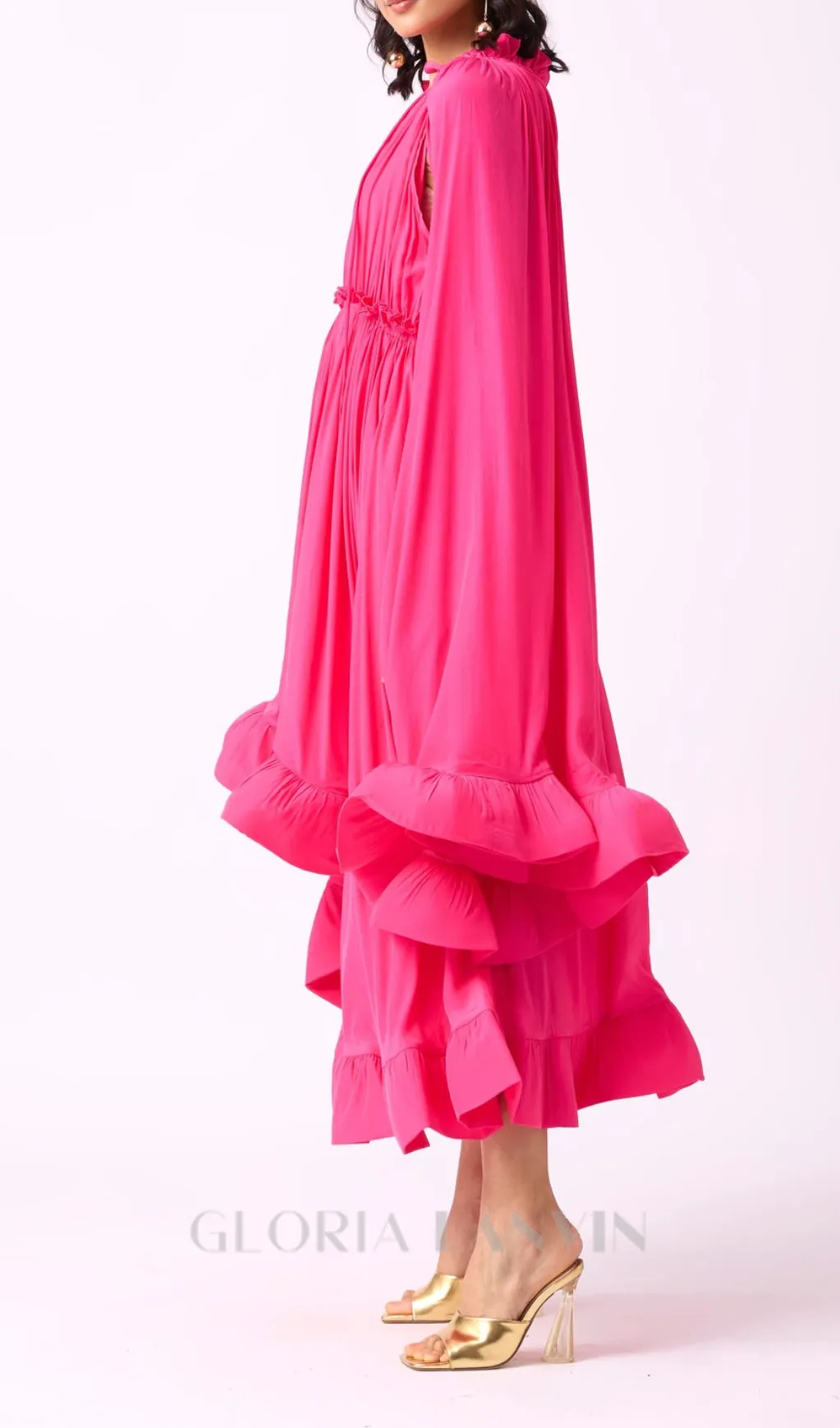 RUFFLE TRIM MAXI DRESS IN ROSE RED Gloria Lanvin