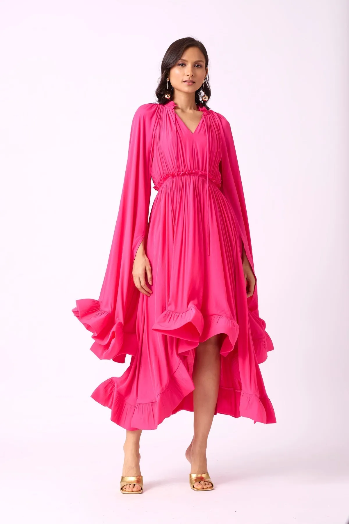 RUFFLE TRIM MAXI DRESS IN ROSE RED Gloria Lanvin