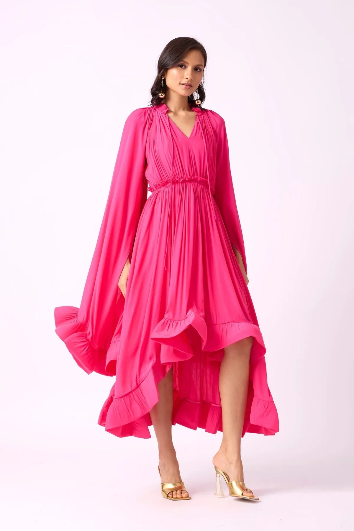 RUFFLE TRIM MAXI DRESS IN ROSE RED Gloria Lanvin