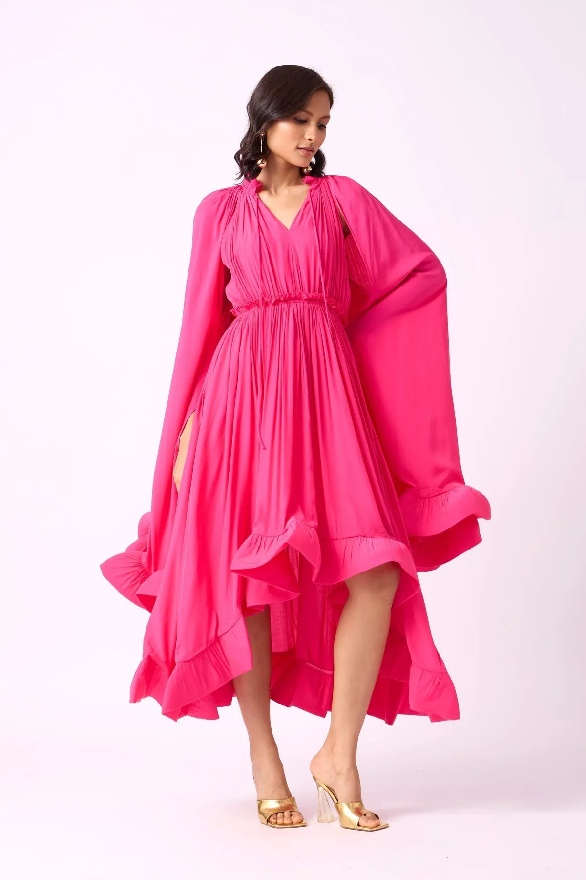 RUFFLE TRIM MAXI DRESS IN ROSE RED Gloria Lanvin