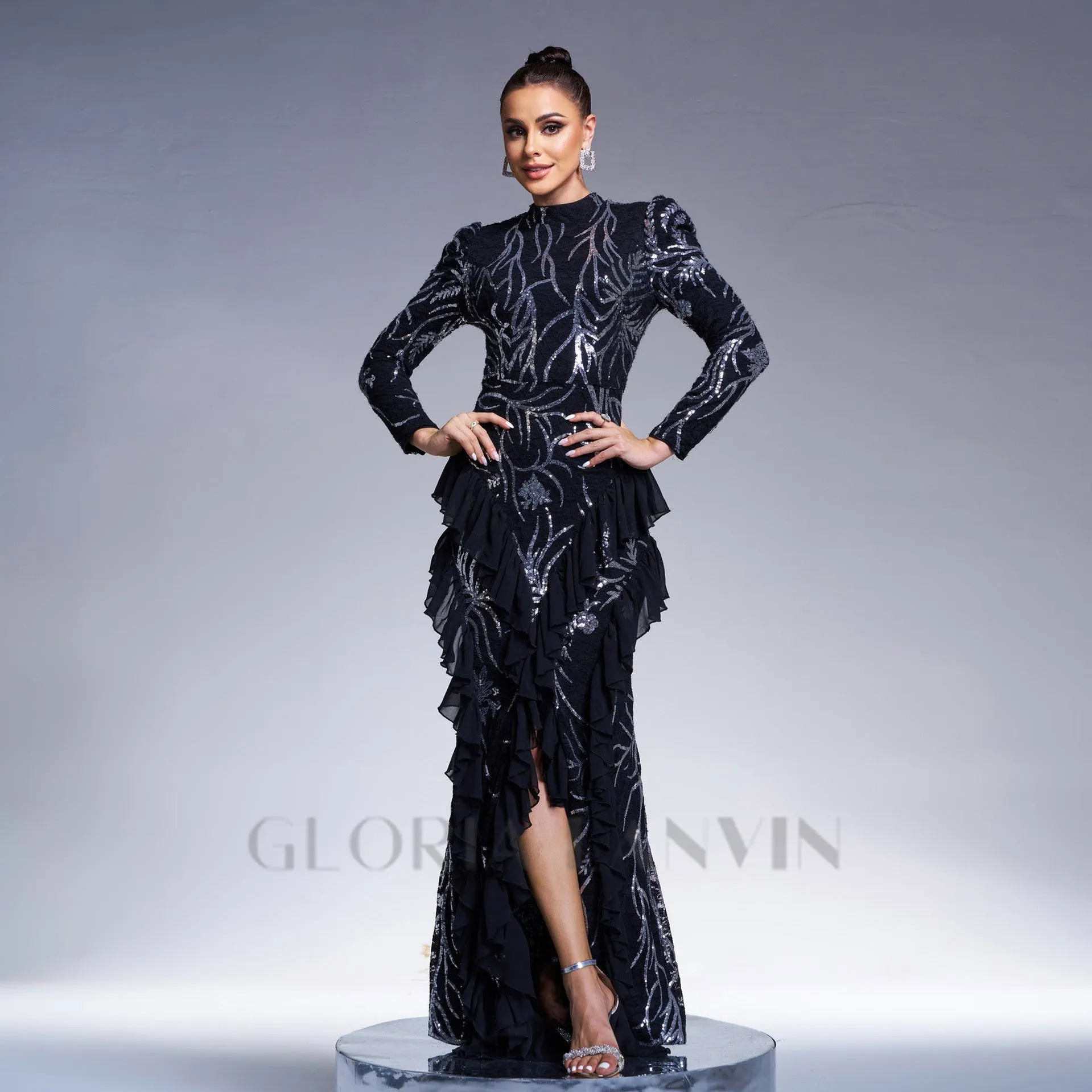 ruffle trim sequin print maxi dress in black Gloria Lanvin