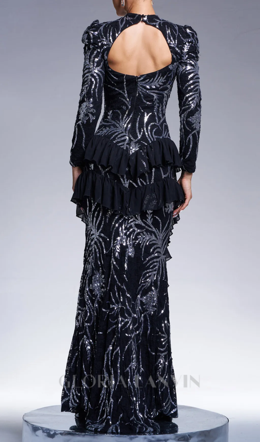 ruffle trim sequin print maxi dress in black Gloria Lanvin