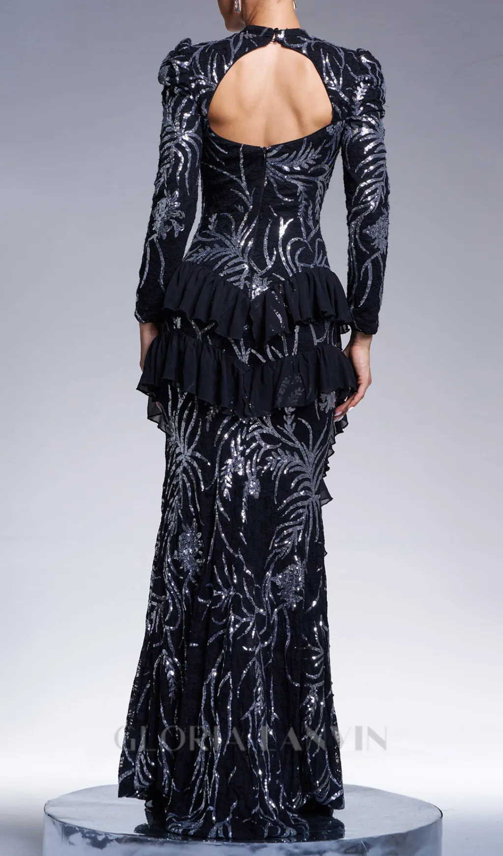 ruffle trim sequin print maxi dress in black Gloria Lanvin