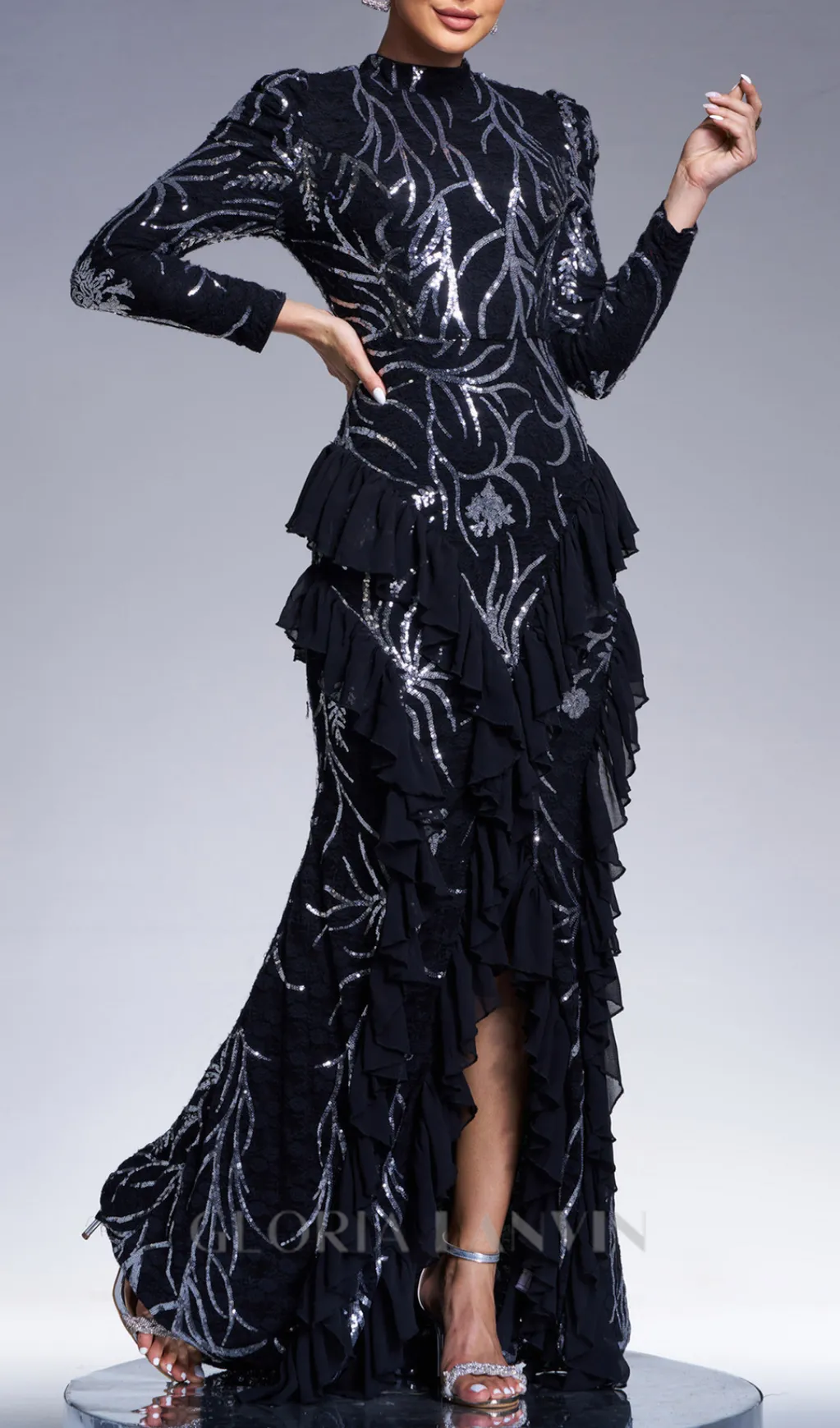 ruffle trim sequin print maxi dress in black Gloria Lanvin