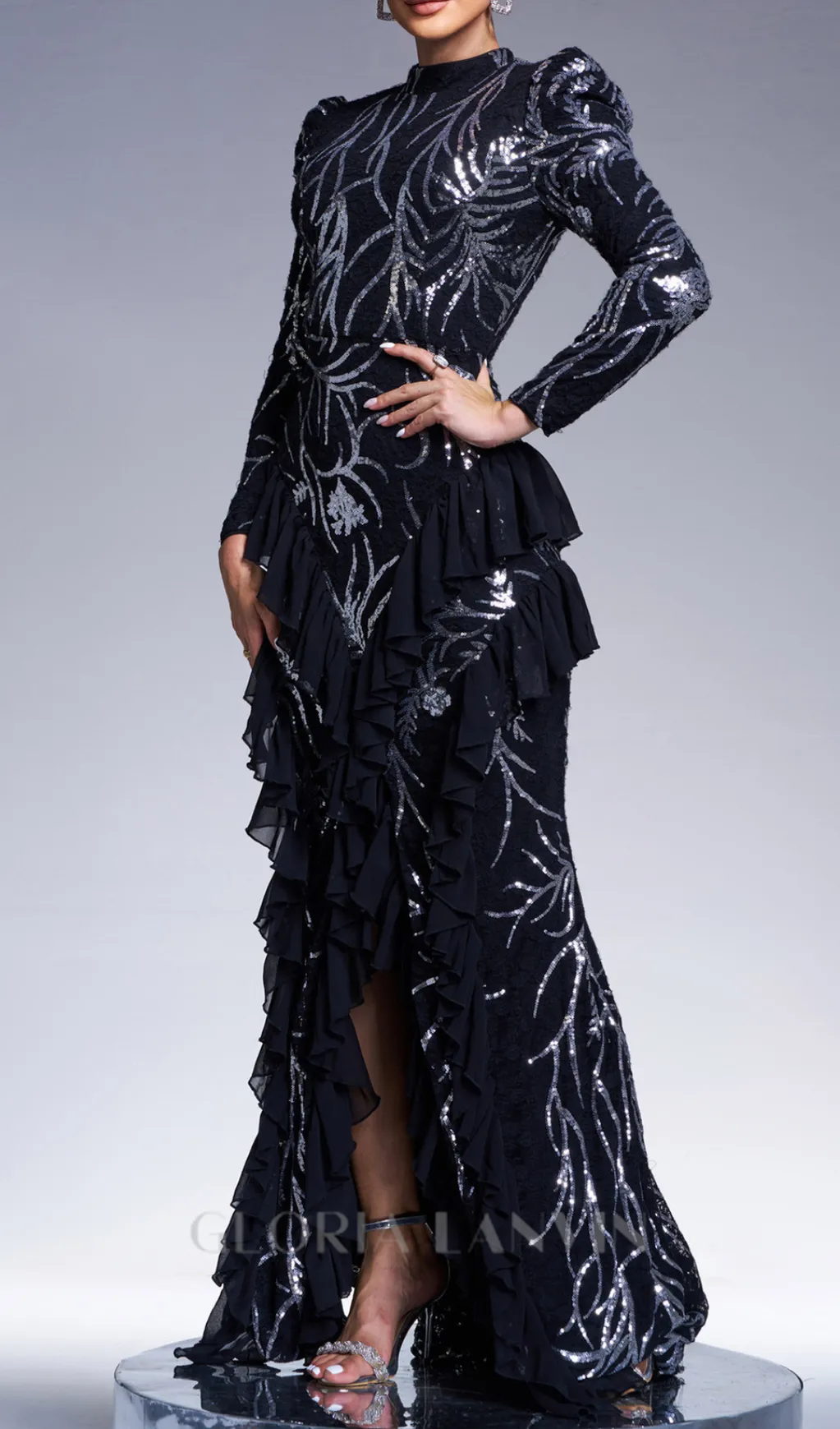 ruffle trim sequin print maxi dress in black Gloria Lanvin