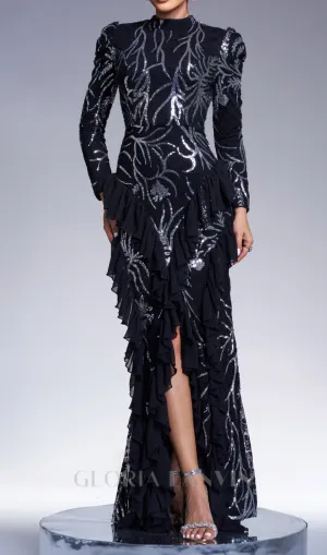 ruffle trim sequin print maxi dress in black Gloria Lanvin