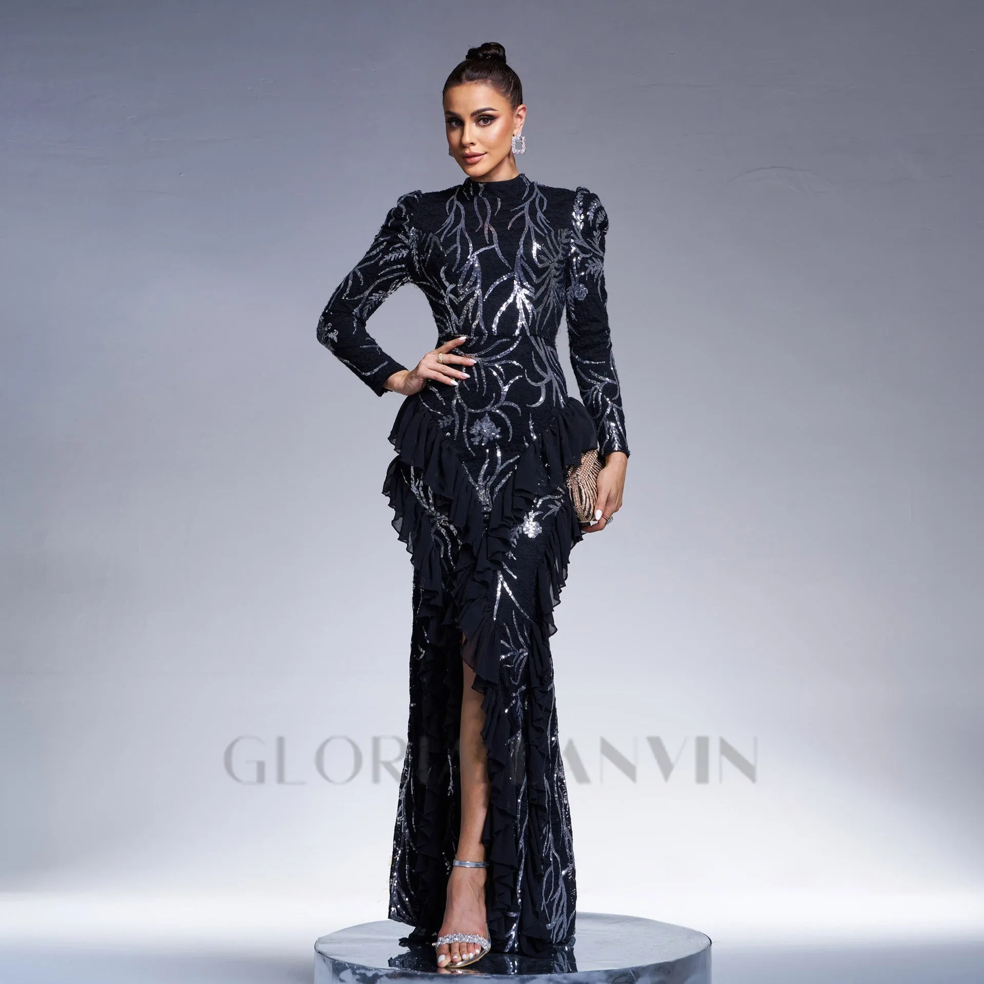 ruffle trim sequin print maxi dress in black Gloria Lanvin