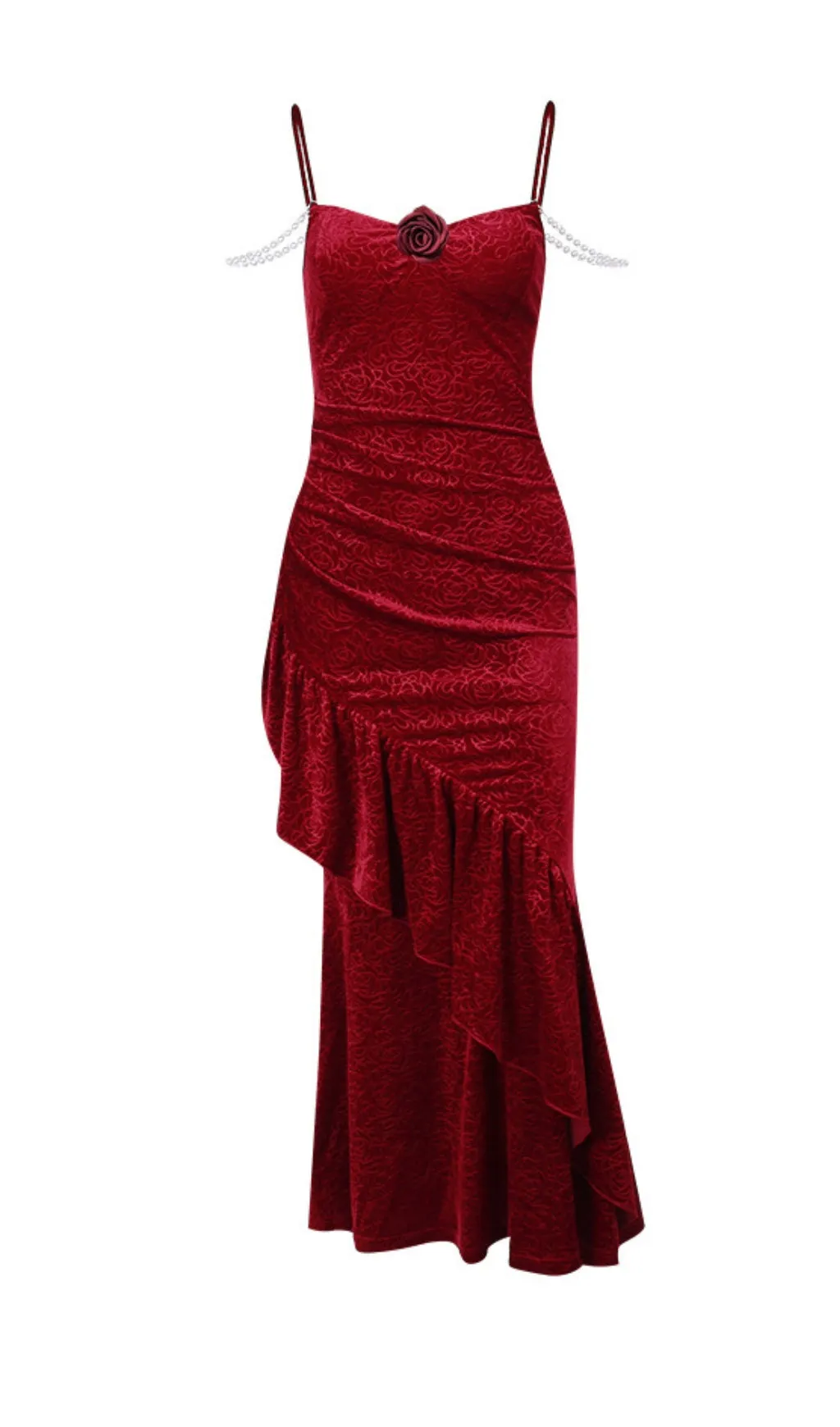 RUFFLED BODYCON SUSPENDER MAXI DRESS IN RED Gloria Lanvin
