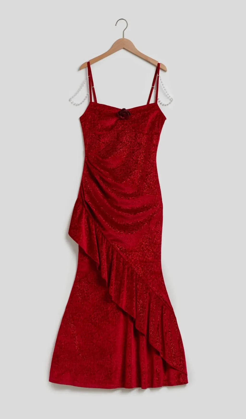 RUFFLED BODYCON SUSPENDER MAXI DRESS IN RED Gloria Lanvin