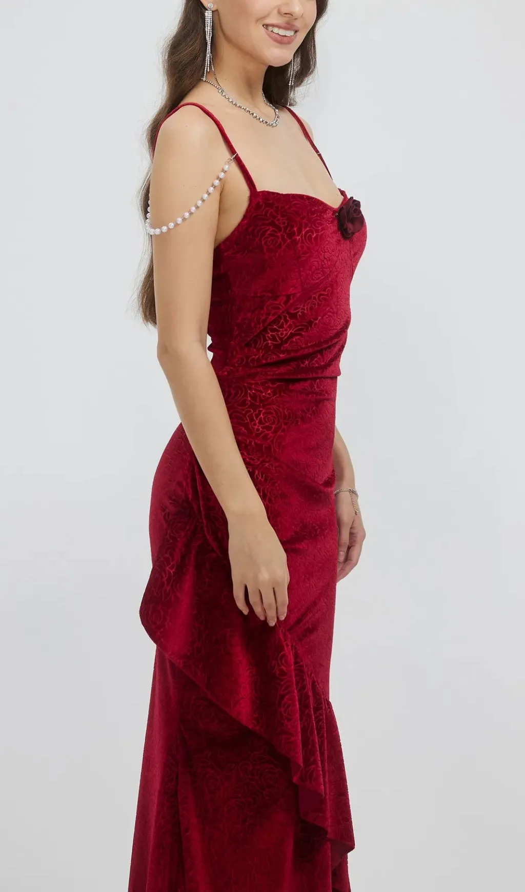 RUFFLED BODYCON SUSPENDER MAXI DRESS IN RED Gloria Lanvin