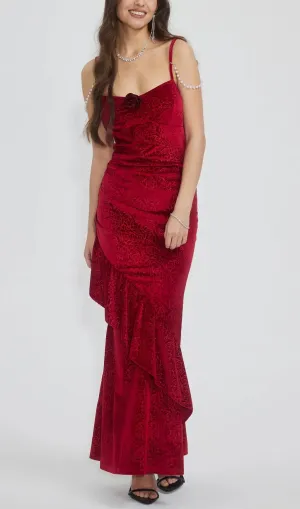 RUFFLED BODYCON SUSPENDER MAXI DRESS IN RED Gloria Lanvin