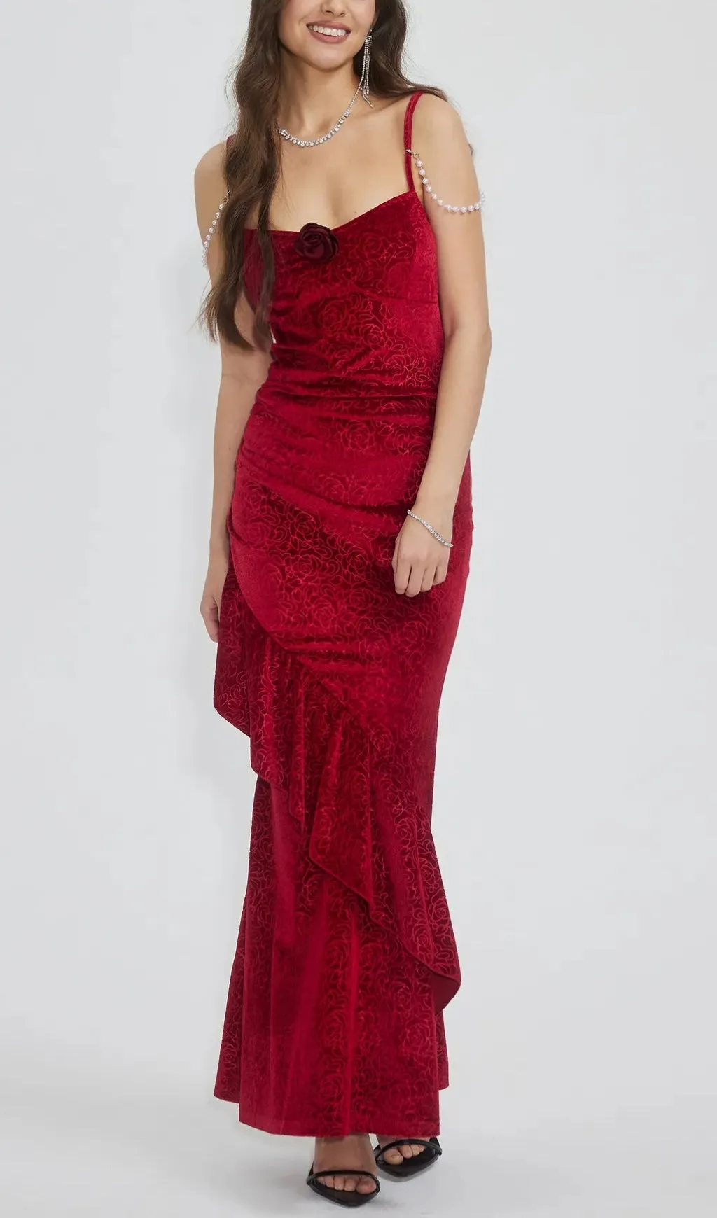 RUFFLED BODYCON SUSPENDER MAXI DRESS IN RED Gloria Lanvin