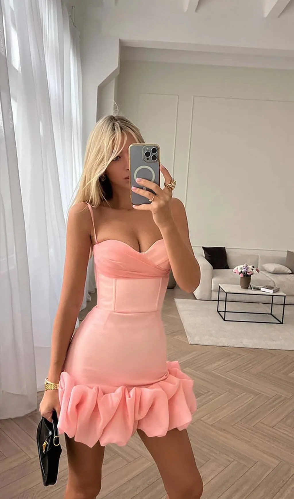 RUFFLED CORSET MINI DRESS IN PEACH Gloria Lanvin
