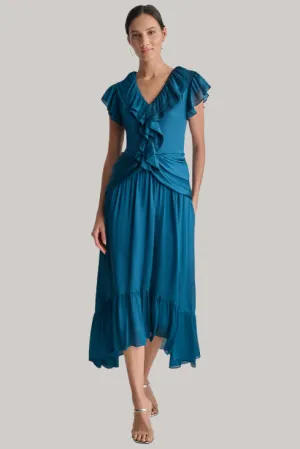 Ruffled Crinkle-Textured Maxi Dress in dark blue Gloria Lanvin