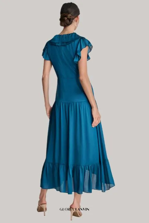 Ruffled Crinkle-Textured Maxi Dress in dark blue Gloria Lanvin