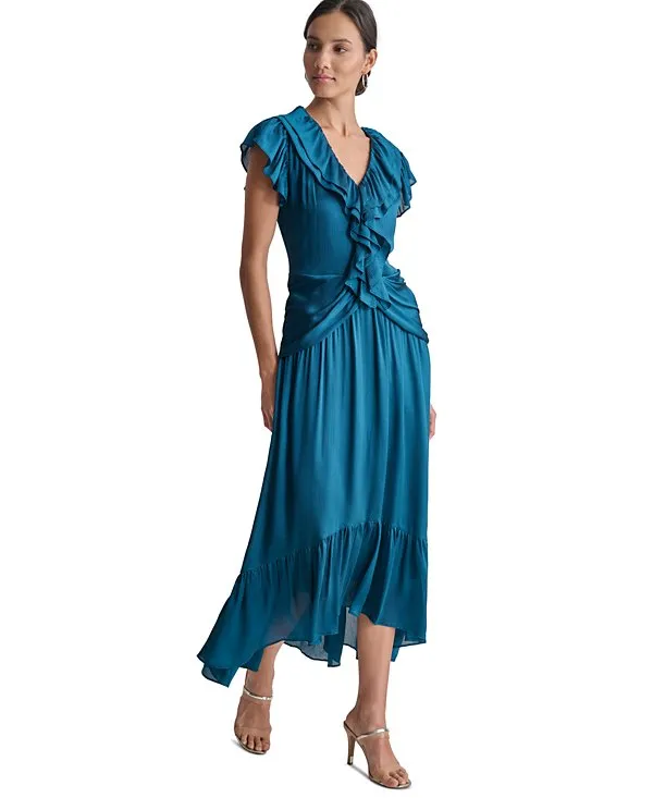 Ruffled Crinkle-Textured Maxi Dress in dark blue Gloria Lanvin