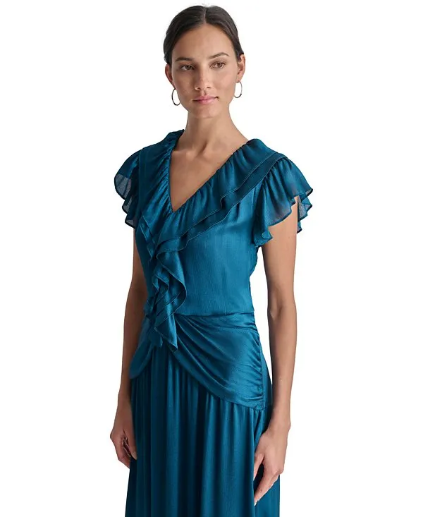 Ruffled Crinkle-Textured Maxi Dress in dark blue Gloria Lanvin