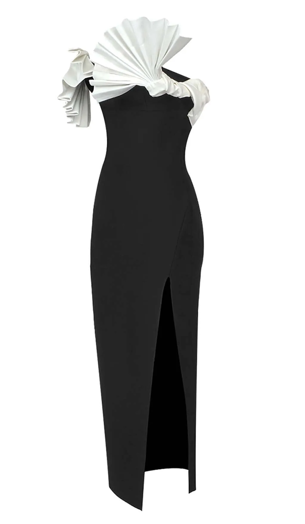 RUFFLED DETAILING SLIT MIDI DRESS IN BLACK Gloria Lanvin