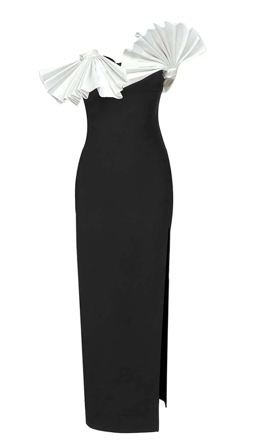 RUFFLED DETAILING SLIT MIDI DRESS IN BLACK Gloria Lanvin