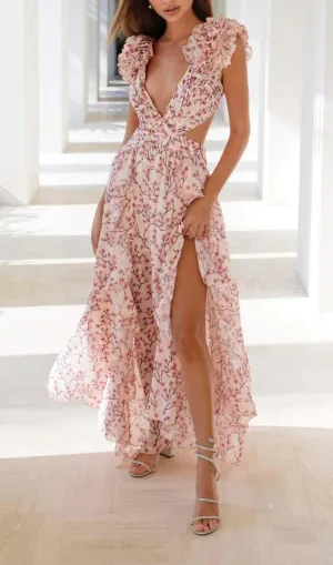 RUFFLED FLORAL CUTOUT MAXI DRESS Gloria Lanvin