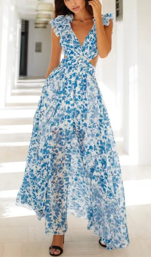 RUFFLED FLORAL CUTOUT MAXI DRESS IN BLUE Gloria Lanvin