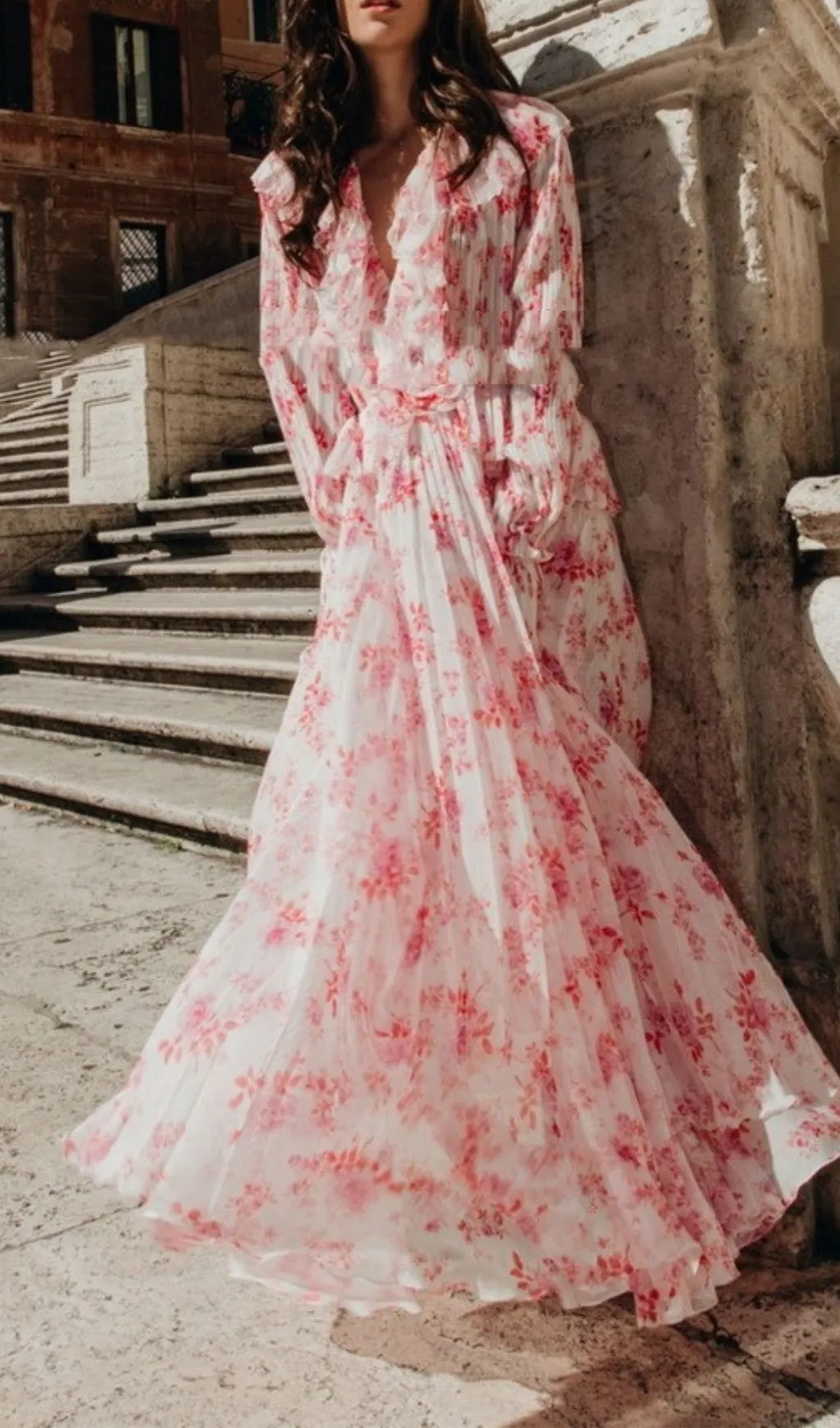 RUFFLED FLORAL-PRINT PLISS-CHIFFON MAXI DRESS Gloria Lanvin