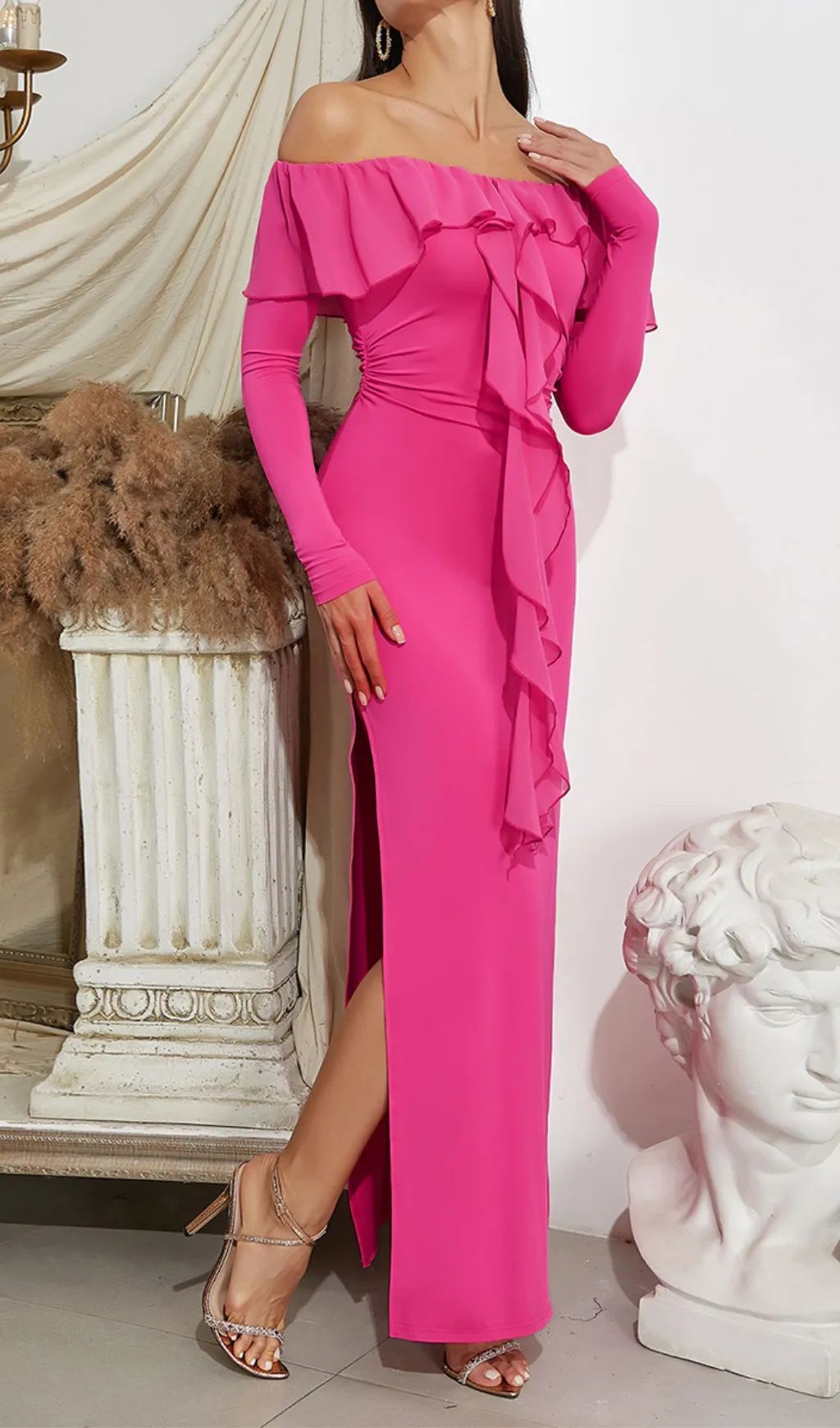 RUFFLED NECKLINE BACK HIGH SLIT MAXI DRESS Gloria Lanvin