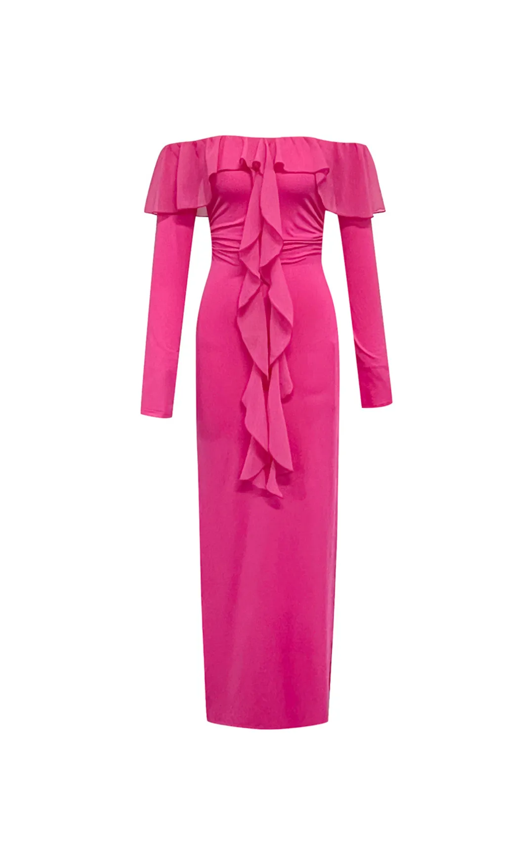 RUFFLED NECKLINE BACK HIGH SLIT MAXI DRESS Gloria Lanvin