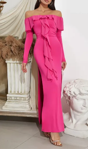 RUFFLED NECKLINE BACK HIGH SLIT MAXI DRESS Gloria Lanvin