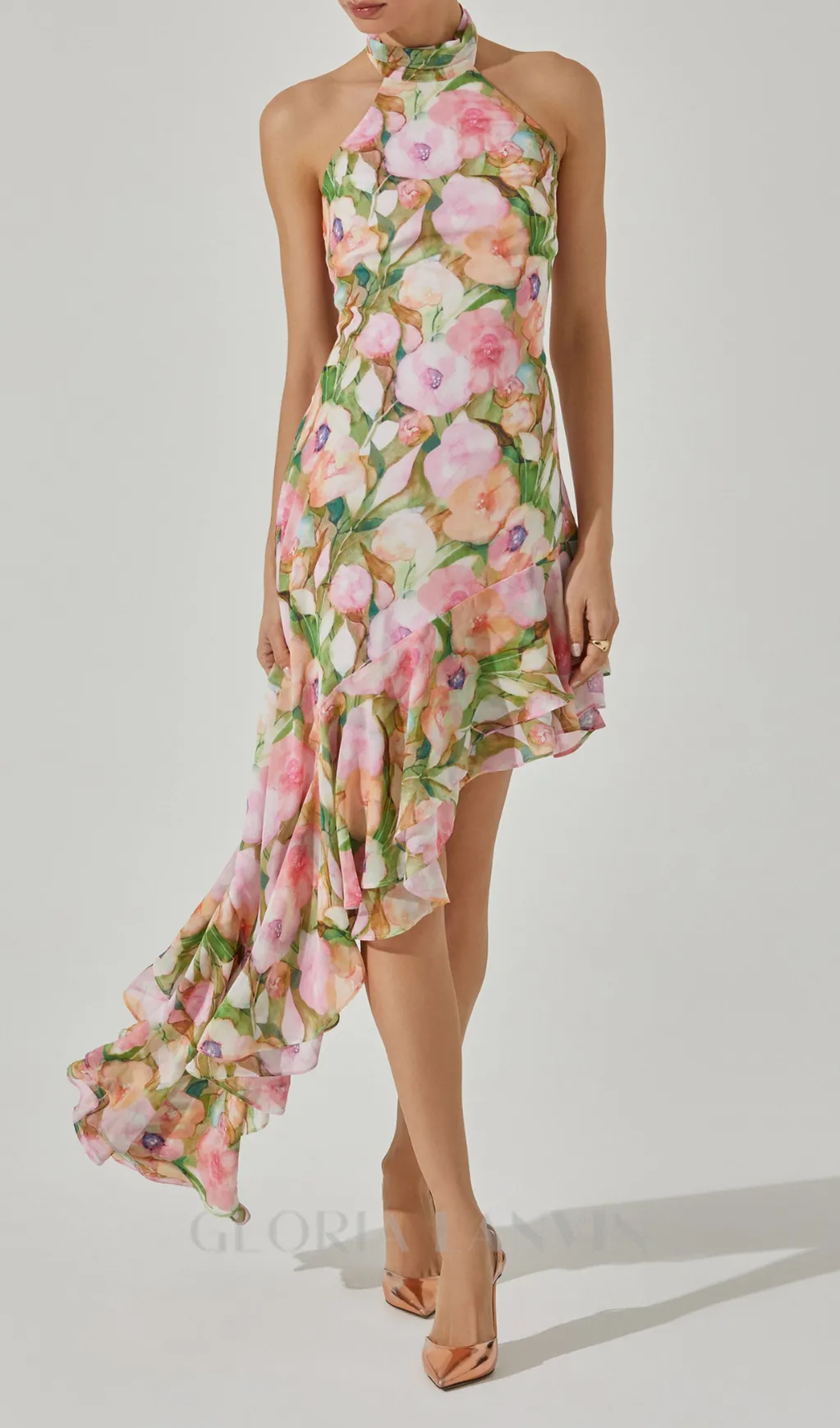 SABINA PINK GREEN ASYMMETRIC FLORAL HALTER MIDI DRESS Gloria Lanvin