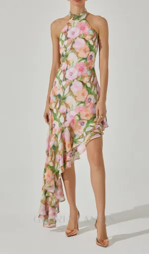 SABINA PINK GREEN ASYMMETRIC FLORAL HALTER MIDI DRESS Gloria Lanvin
