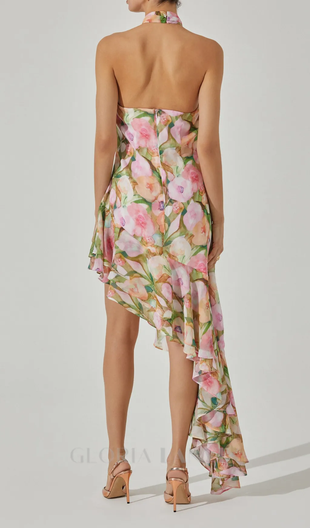 SABINA PINK GREEN ASYMMETRIC FLORAL HALTER MIDI DRESS Gloria Lanvin