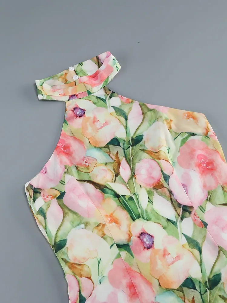 SABINA PINK GREEN ASYMMETRIC FLORAL HALTER MIDI DRESS Gloria Lanvin
