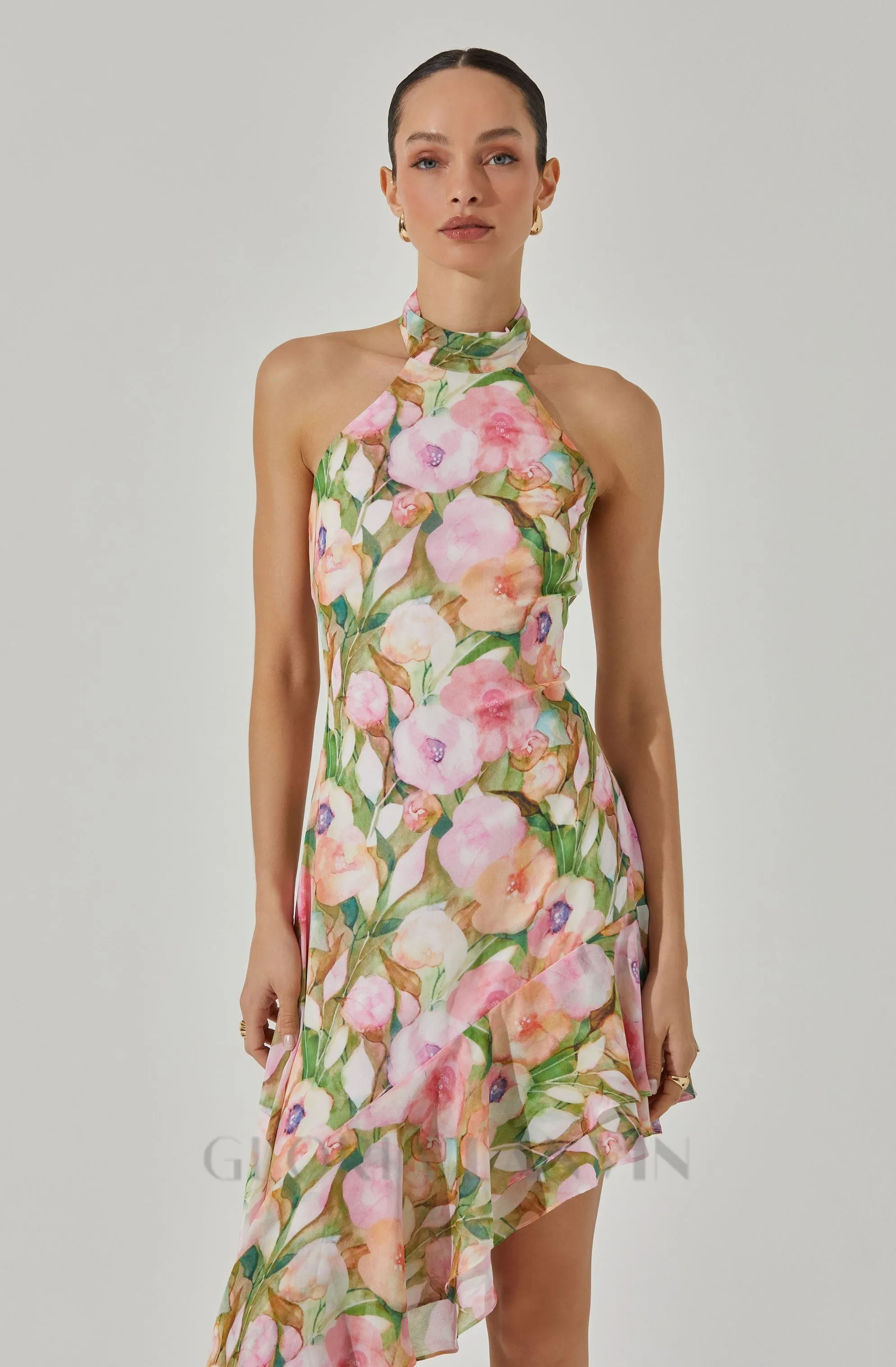 SABINA PINK GREEN ASYMMETRIC FLORAL HALTER MIDI DRESS Gloria Lanvin