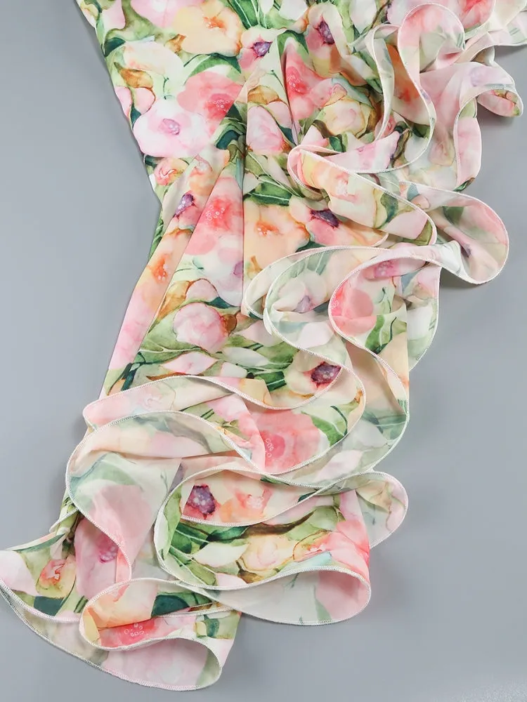 SABINA PINK GREEN ASYMMETRIC FLORAL HALTER MIDI DRESS Gloria Lanvin