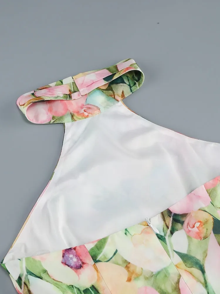 SABINA PINK GREEN ASYMMETRIC FLORAL HALTER MIDI DRESS Gloria Lanvin
