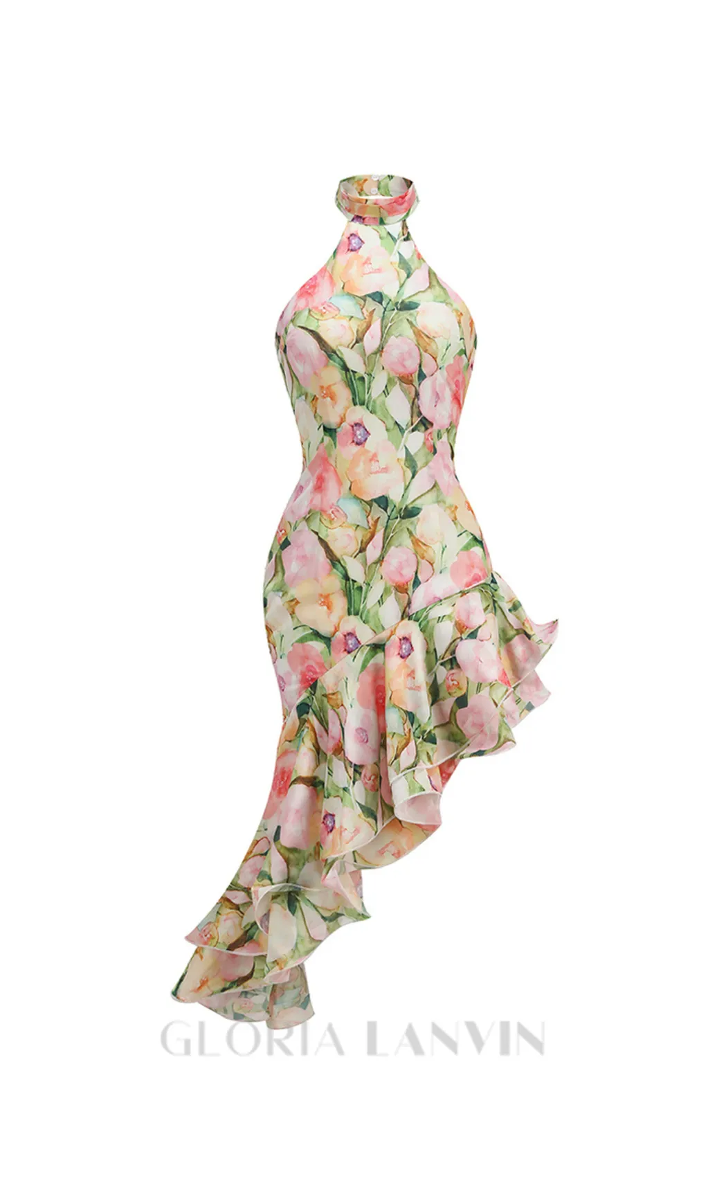 SABINA PINK GREEN ASYMMETRIC FLORAL HALTER MIDI DRESS Gloria Lanvin