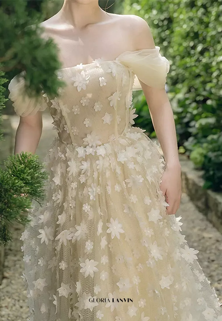 sabrina flower embellished strapless maxi dress in beige Gloria Lanvin