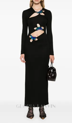 SALLY BLACK LONG SLEEVE CUT-OUT RIBBED MAXI DRESS Gloria Lanvin