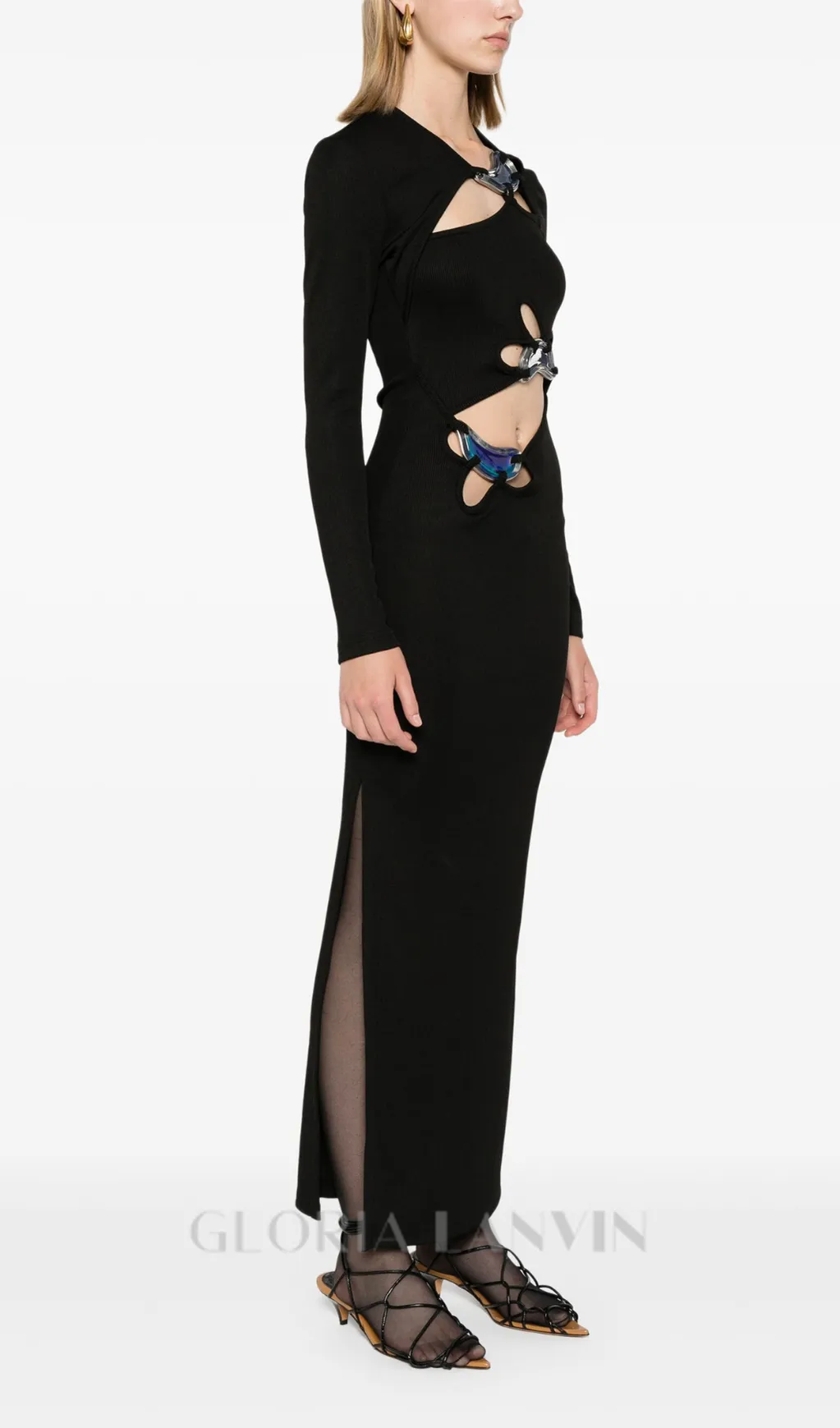 SALLY BLACK LONG SLEEVE CUT-OUT RIBBED MAXI DRESS Gloria Lanvin