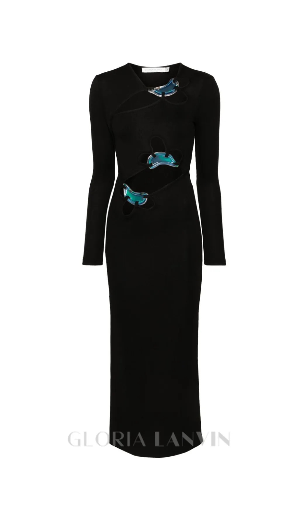 SALLY BLACK LONG SLEEVE CUT-OUT RIBBED MAXI DRESS Gloria Lanvin