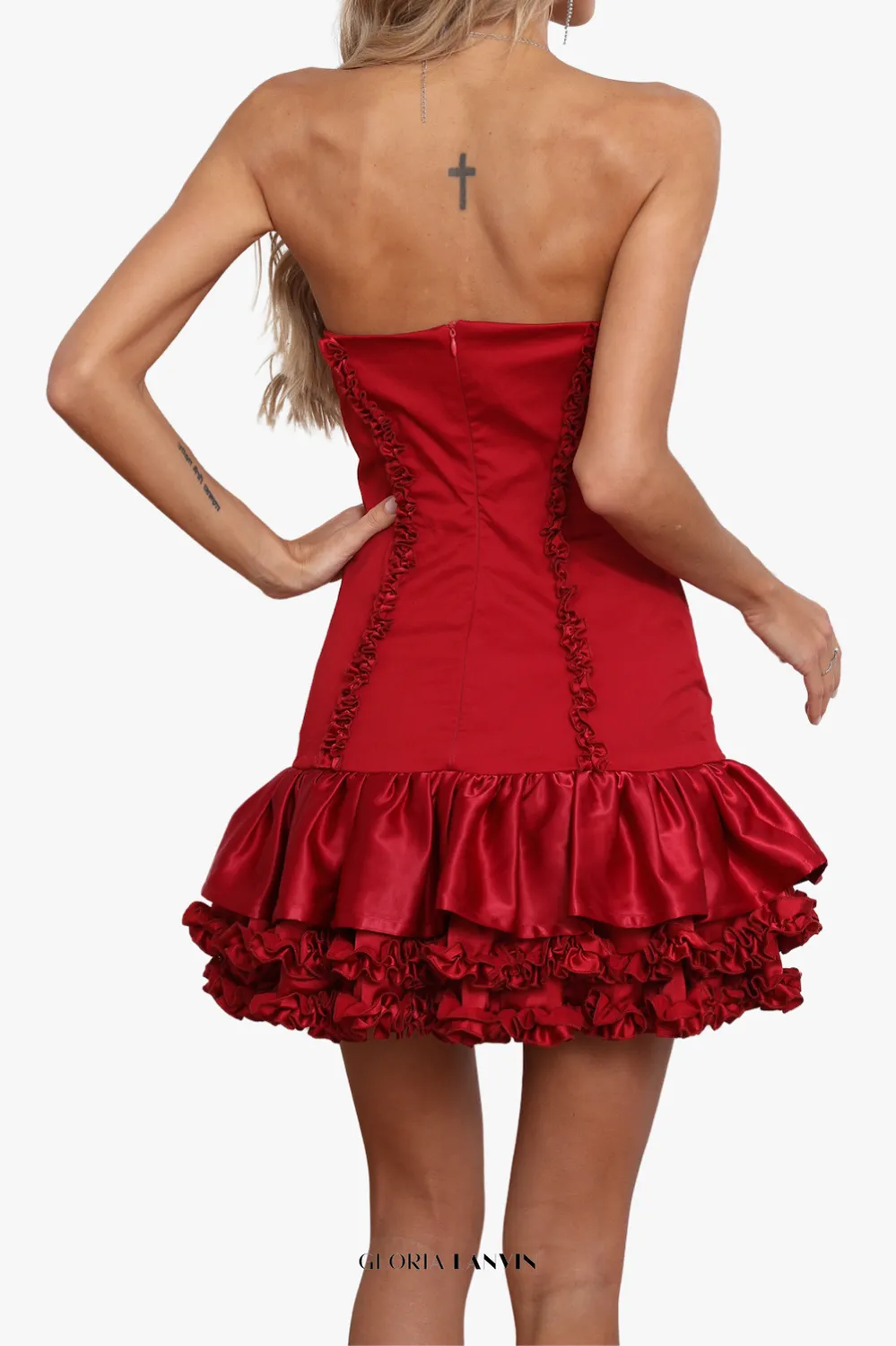 sally ruffle trim strapless mini dress in red Gloria Lanvin