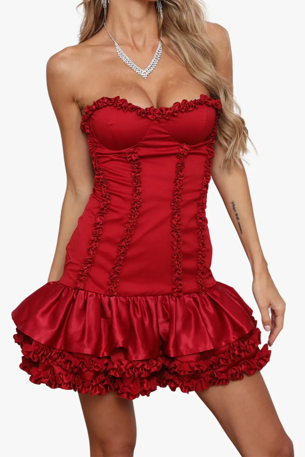 sally ruffle trim strapless mini dress in red Gloria Lanvin