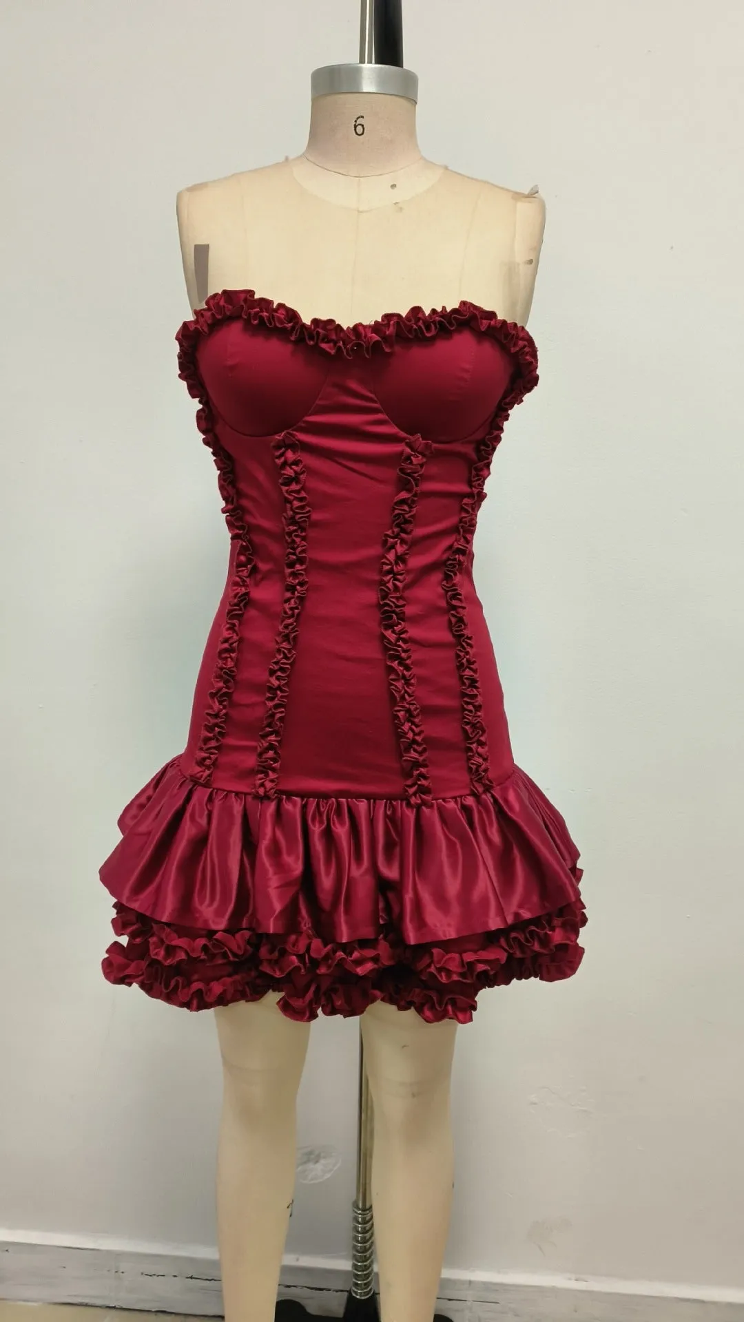 sally ruffle trim strapless mini dress in red Gloria Lanvin