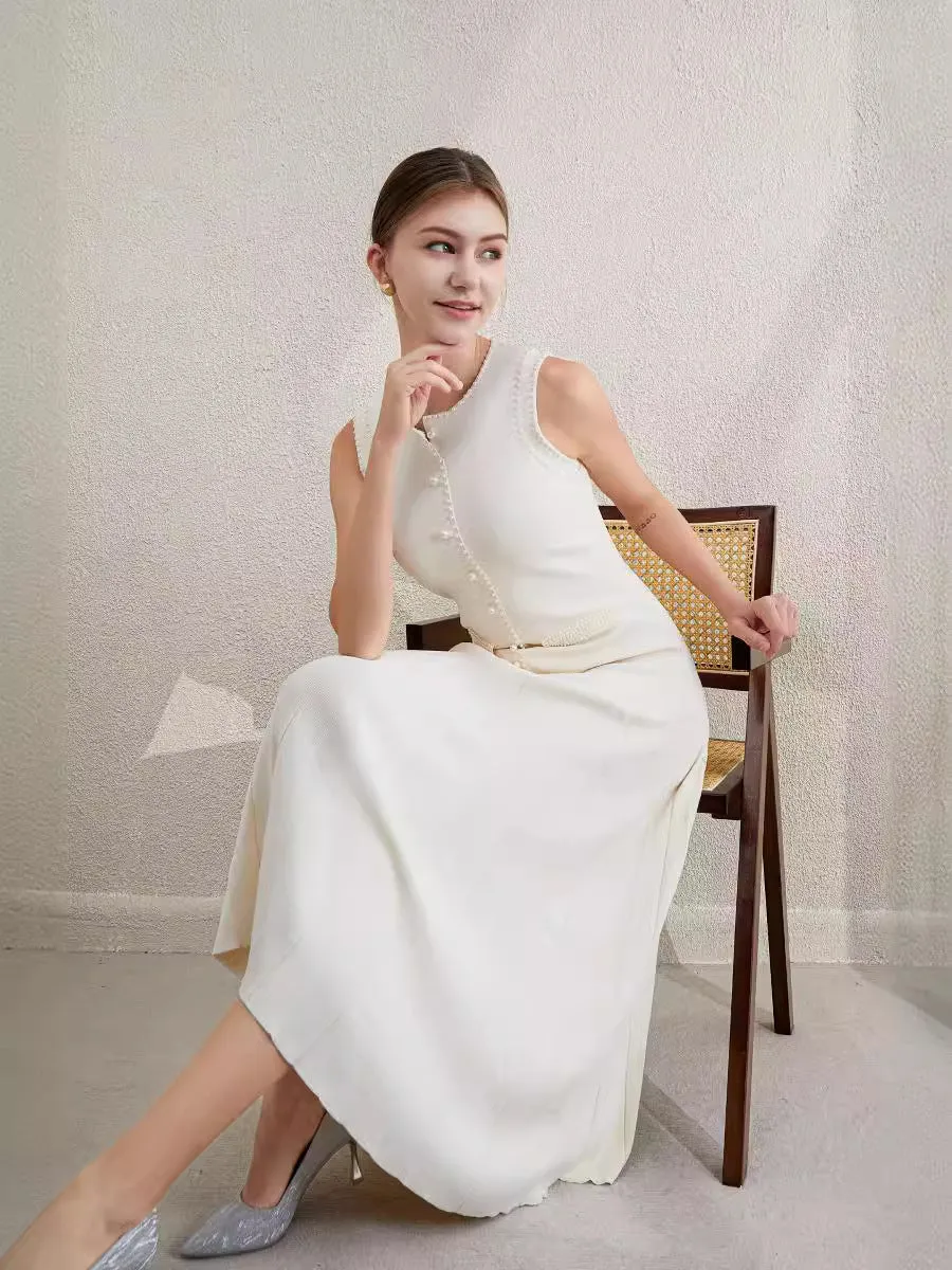 SALOME BEADED TRIM SLEEVELESS KNIT APRICOT MIDI DRESS Gloria Lanvin